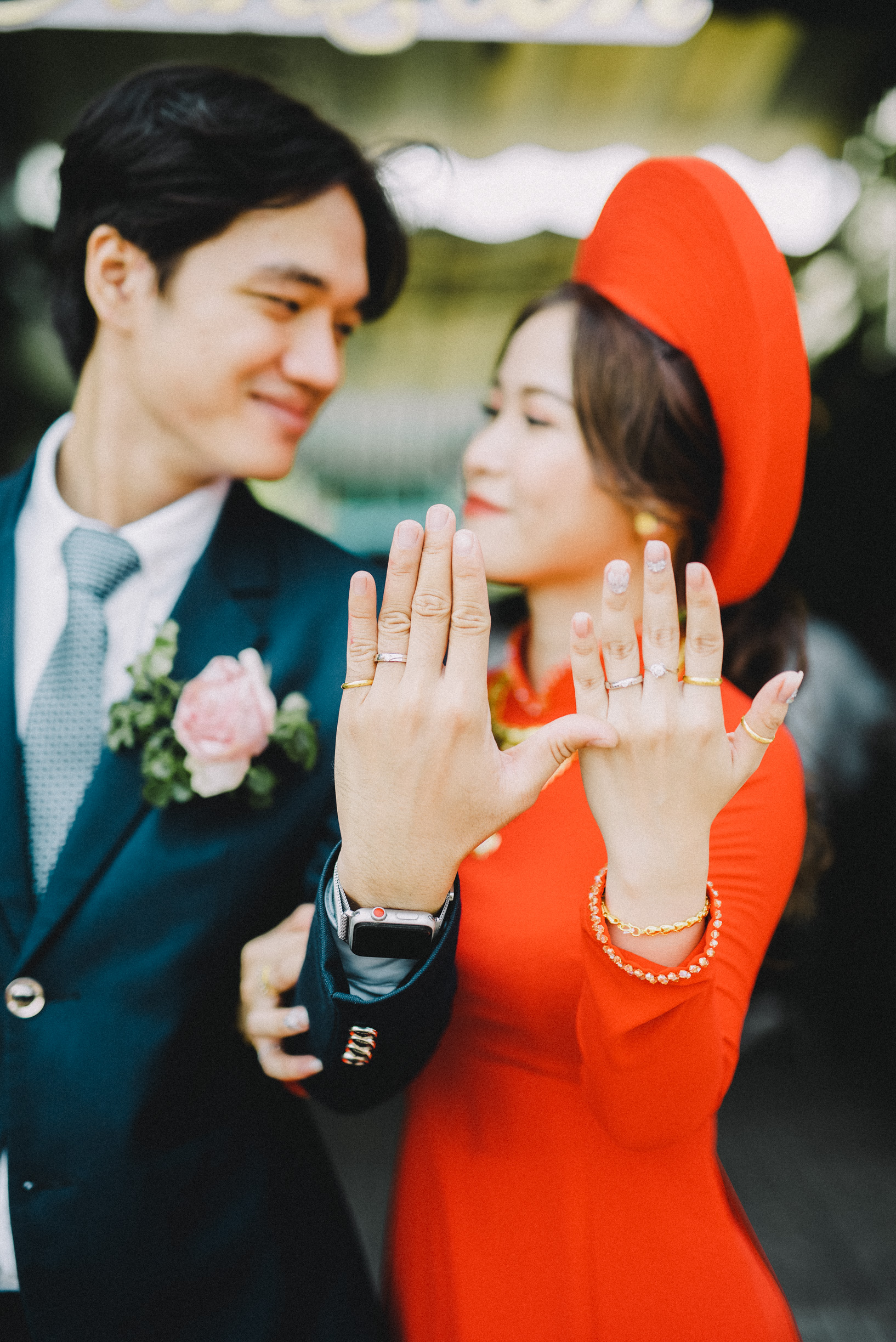 A couple sharing a quiet wedding-day moment
